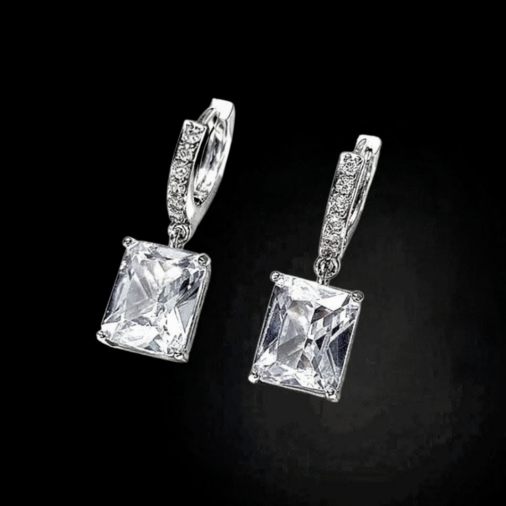White Topaz Drop Earrings Princess Cut Huggie Hoop